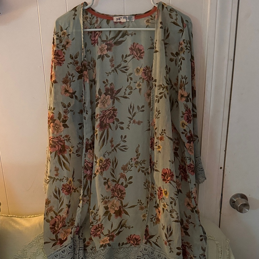 Floral Open Front Kimono - Sage with Pink Roses